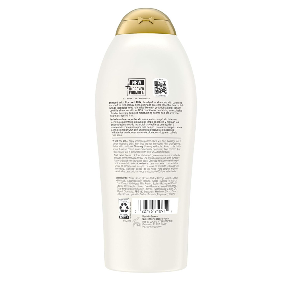 OGX Nourishing + Coconut Milk Shampoo with Lipi Pro Shield Technology, Hydrating Sulfate-Free Hair Shampoo, 577ml