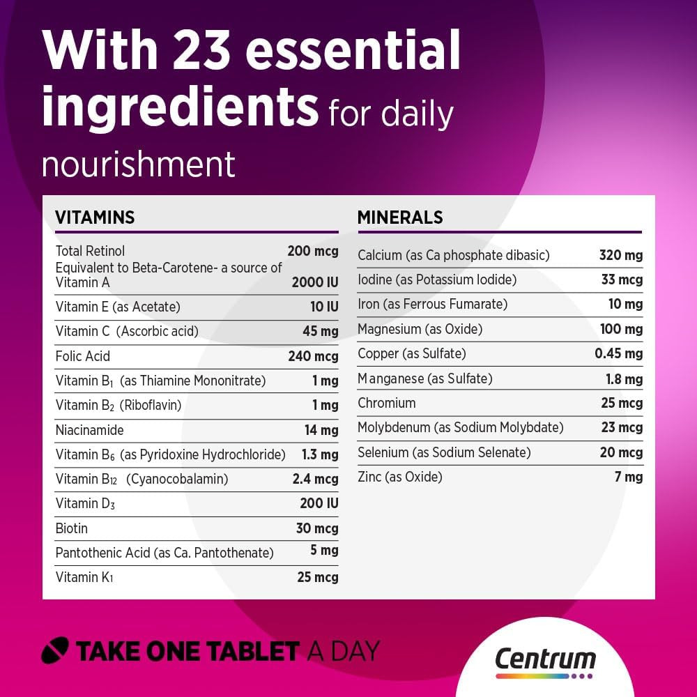 Centrum Women Multivitamin & Mineral Tablets for Energy, Immunity and Bone Health, 100 Tablets