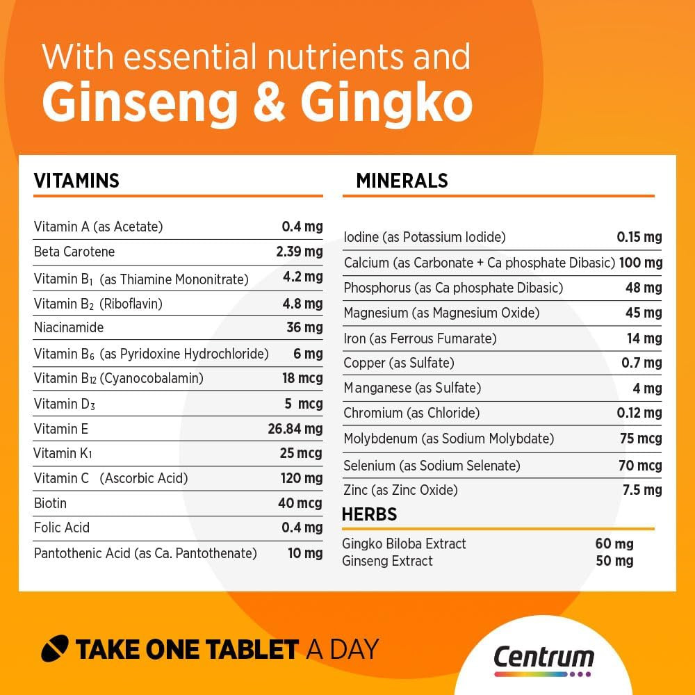 Centrum Energy Multivitamin with Ginseng & Ginkgo Biloba for Active Body and Mind, 100 Tablets