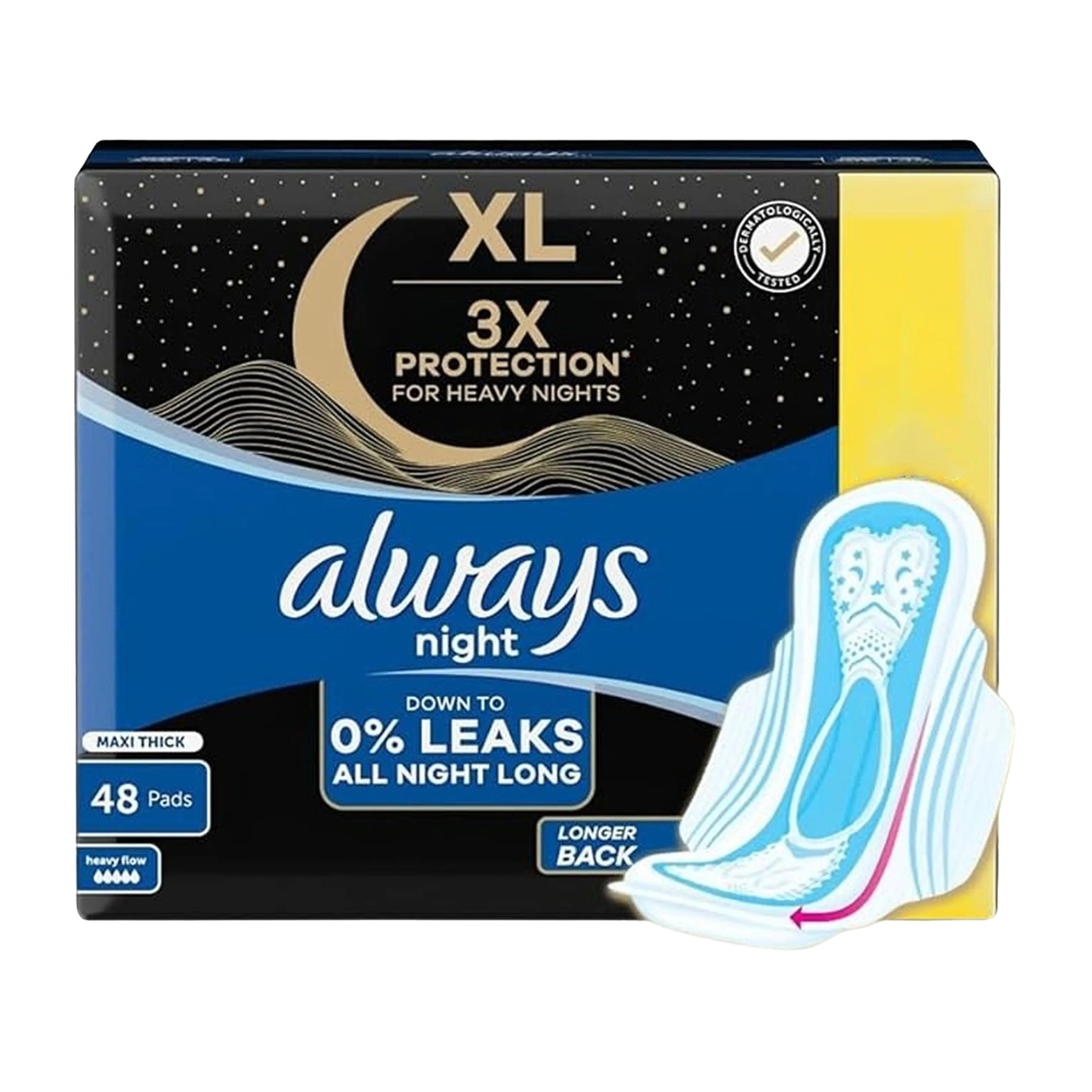 Always XL Night - 3X Protection for Heavy Flow, Maxi Thick, Longer Back, Leak-Free - 48 Sanitary Pads
