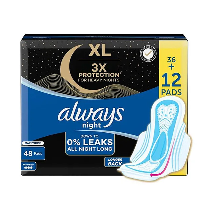 Always Maxi Thick Night Sanitary Pads -Extra Absorbent Overnight Protection for Heavy Flow & Leak-Free Comfort- Pads 20s