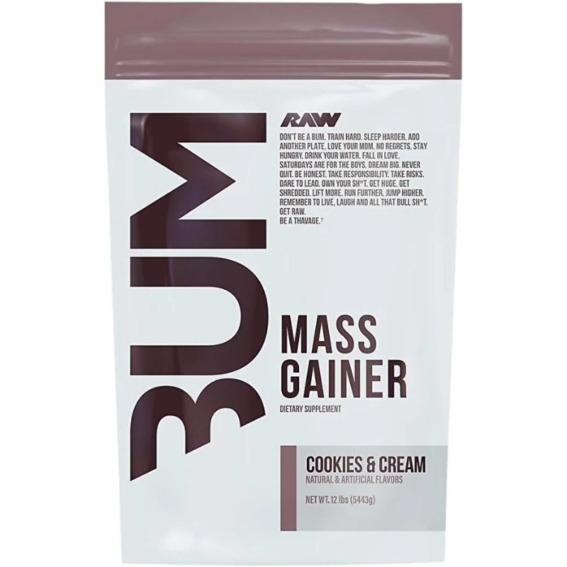 Raw Nutrition Bum Protein Powder Cookies & Cream, High-Calorie Muscle Mass Gainer, 12lb