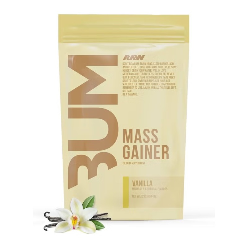 Raw Nutrition Bum Protein Powder Vanilla, High-Calorie Muscle Mass Gainer, 12lb