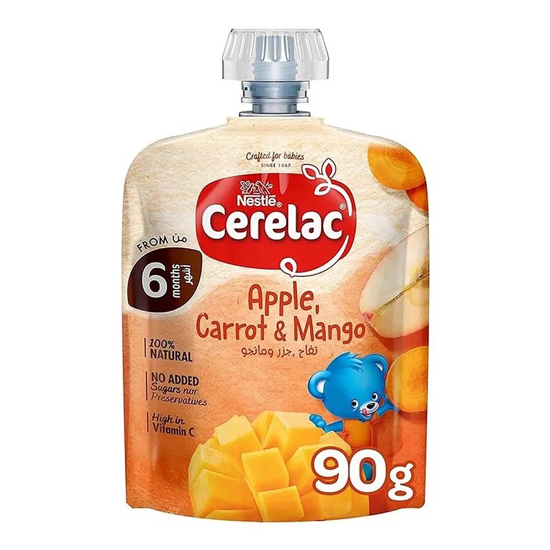 Nestle Cerelac Puree Baby Food Apple Carrot & Mango, 100% Natural Fruit and Veg Blend with Vitamin C, 90g