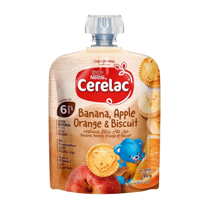 Cerelac Puree Baby Food Banana, Orange and Biscuit, 100% Natural Fruits, Fortified with Vitamin C, 90g