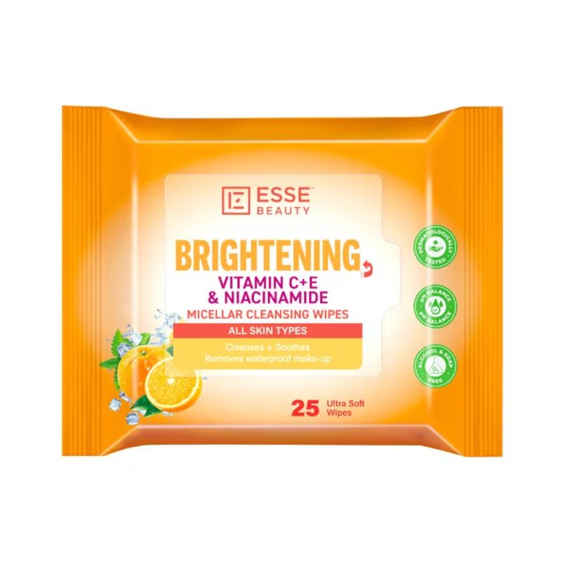 Esse Beauty Brightening Micellar Cleansing Wipes, Vitamin C, E & Niacinamide, Makeup Remover, 25s