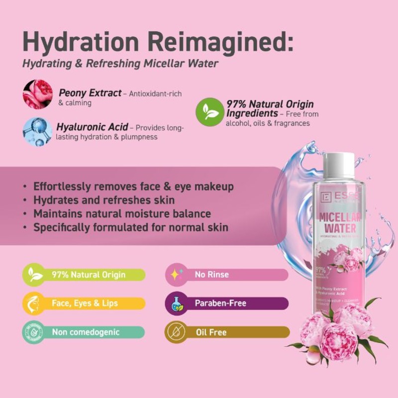Esse Beauty Micellar Water Hydrating & Refreshing, 97% Natural Origin Makeup Remover for Normal Skin, 250ml