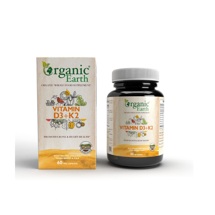 Organic Earth Vitamin D3 + K2 , Supports Bone and Immune Health, 60 Capsules