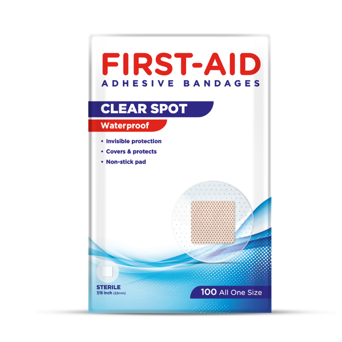 First Aid Clear Spot Waterproof Bandages 22mm, Sterile, Latex-Free, Invisible Protection - 100 Count