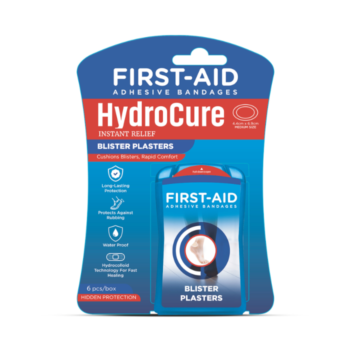 First Aid Hydrocure Blister Plasters Hydrocolloid Waterproof Cushioned Protection, 6 Pieces