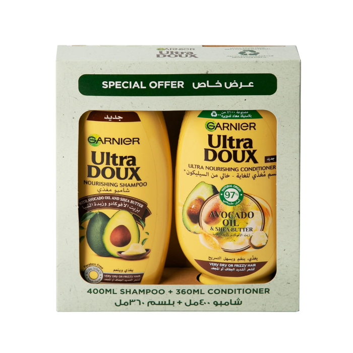 غارنييه ألترا دوكس شامبو مغذي بزيت الأفوكادو وزبدة الشيا 400 مل + بلسم 360 مل