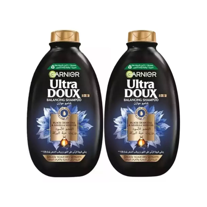 Garnier Ultra Doux Charcoal & Nigella Oil Purifying Shampoo, Shine & Fresh Scalp, 2x400ml