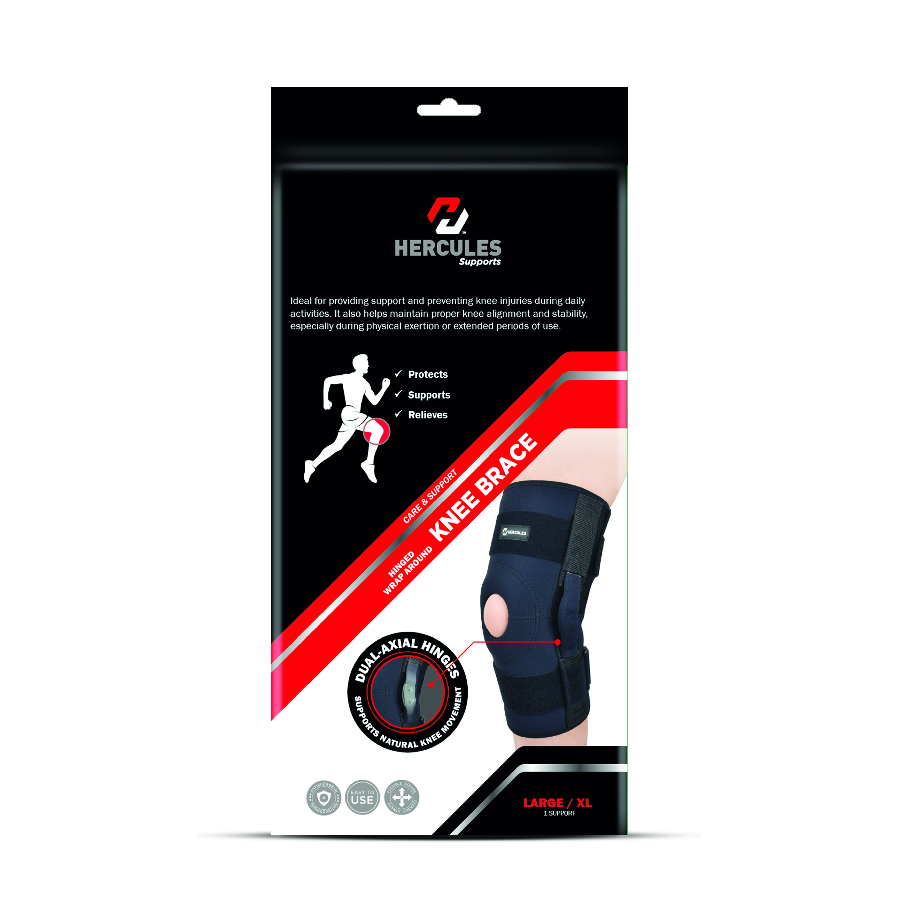 Hercules Hinged Wrap-Around Knee Brace Large/XL, Dual Hinge Stabilizing Support