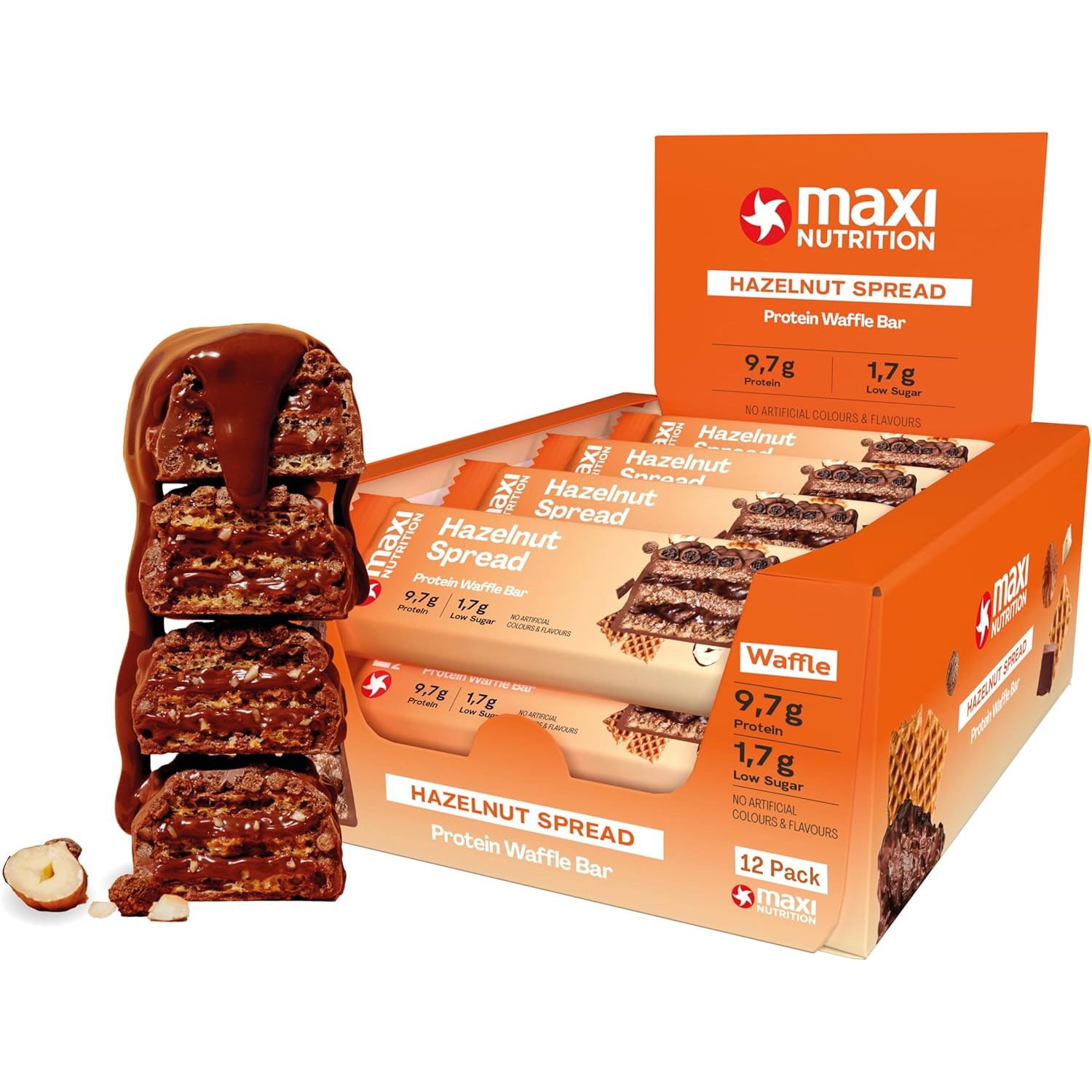 Maxi Nutrition Protein Waffle Hazelnut 39g, 9.7g Protein, Low Sugar, No Artificial Colours or Flavours – Pack of 12 pcs