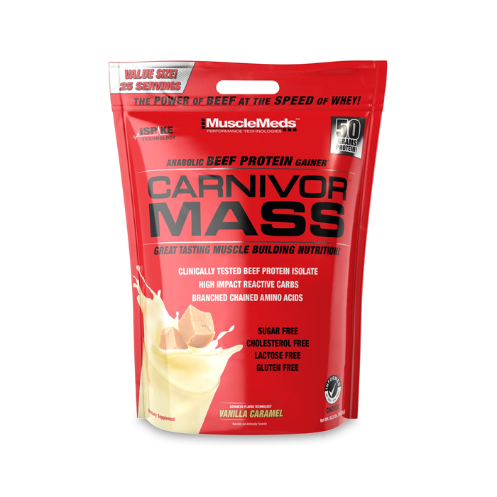 Muscle Meds Carnivor Mass - Anabolic Beef Protein Isolate Gainer with iSpike, Vanilla Caramel – 10 lbs