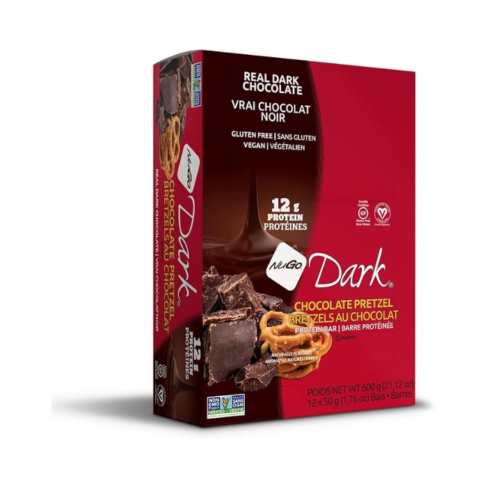 NuGo Dark Chocolate Pretzel Bar 50g, 12g Protein, Gluten Free, No Palm Oil, Pack of 12 pcs
