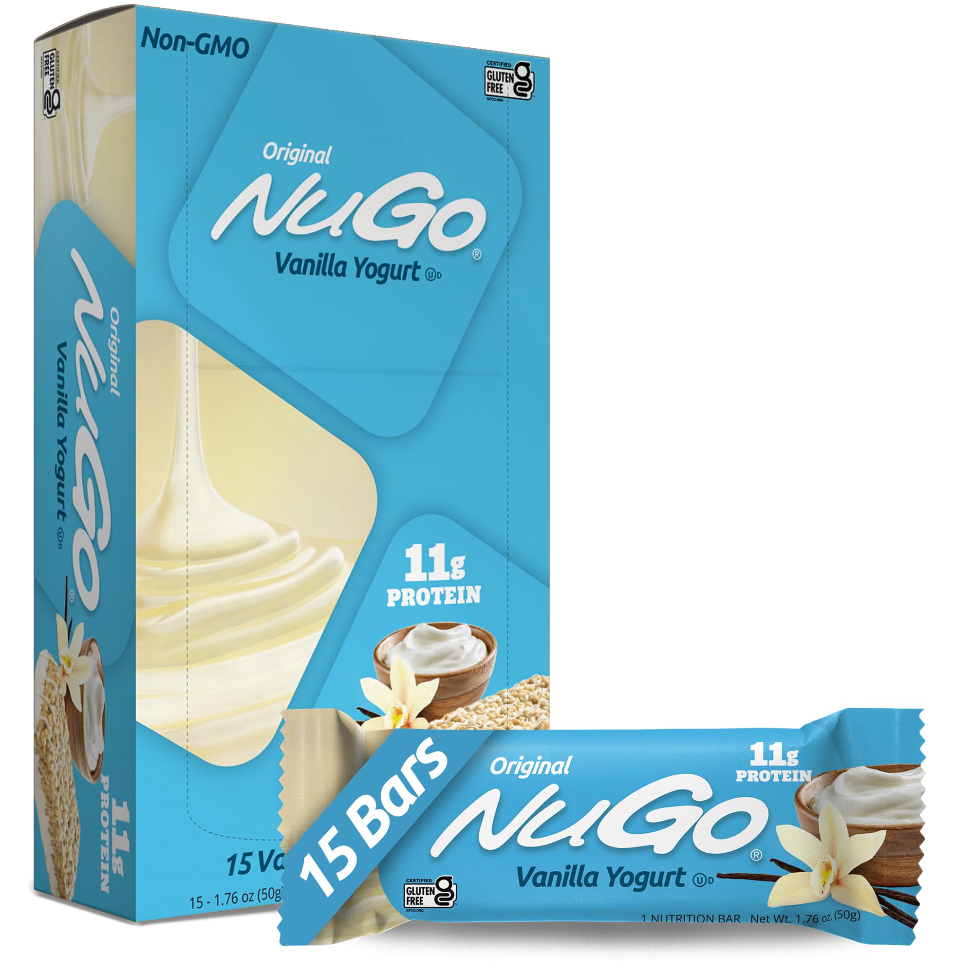 NuGo Original Vanilla Yogurt Protein Bar 50g, 11g Protein, Gluten Free Snack with Added Vitamins, Pack of 15 pcs