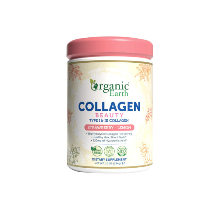 Organic Earth Collagen Beauty Strawberry-Lemon, Hydrolysed Collagen with Hyaluronic Acid and Vitamin C - 284g