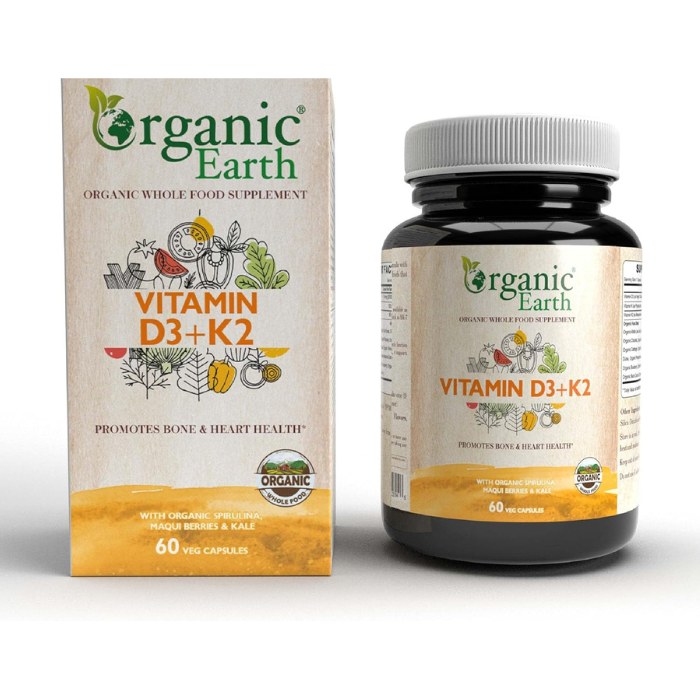Organic Earth Vitamin D3 + K2 , Supports Bone and Immune Health, 60 Capsules