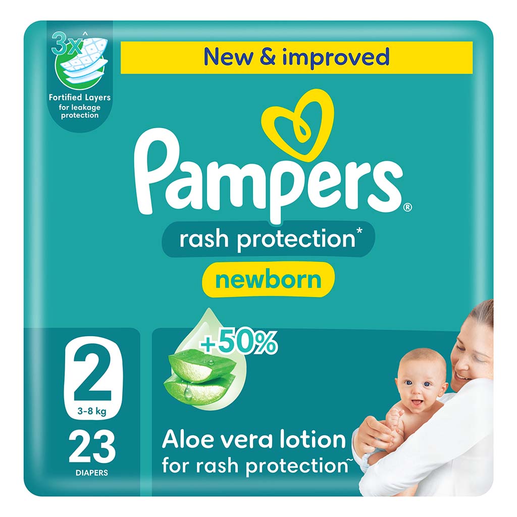 Pampers Newborn Rash Protection Size 2 (3–8 kg) Aloe Vera, Leak-Guard Protection, Pack of 23
