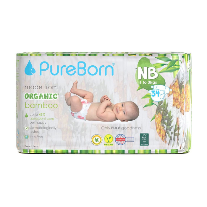 Pureborn Organic Bamboo Newborn Diapers 1- 3 kg, Hypoallergenic, Eco-Friendly and Ultra Soft, 34pcs