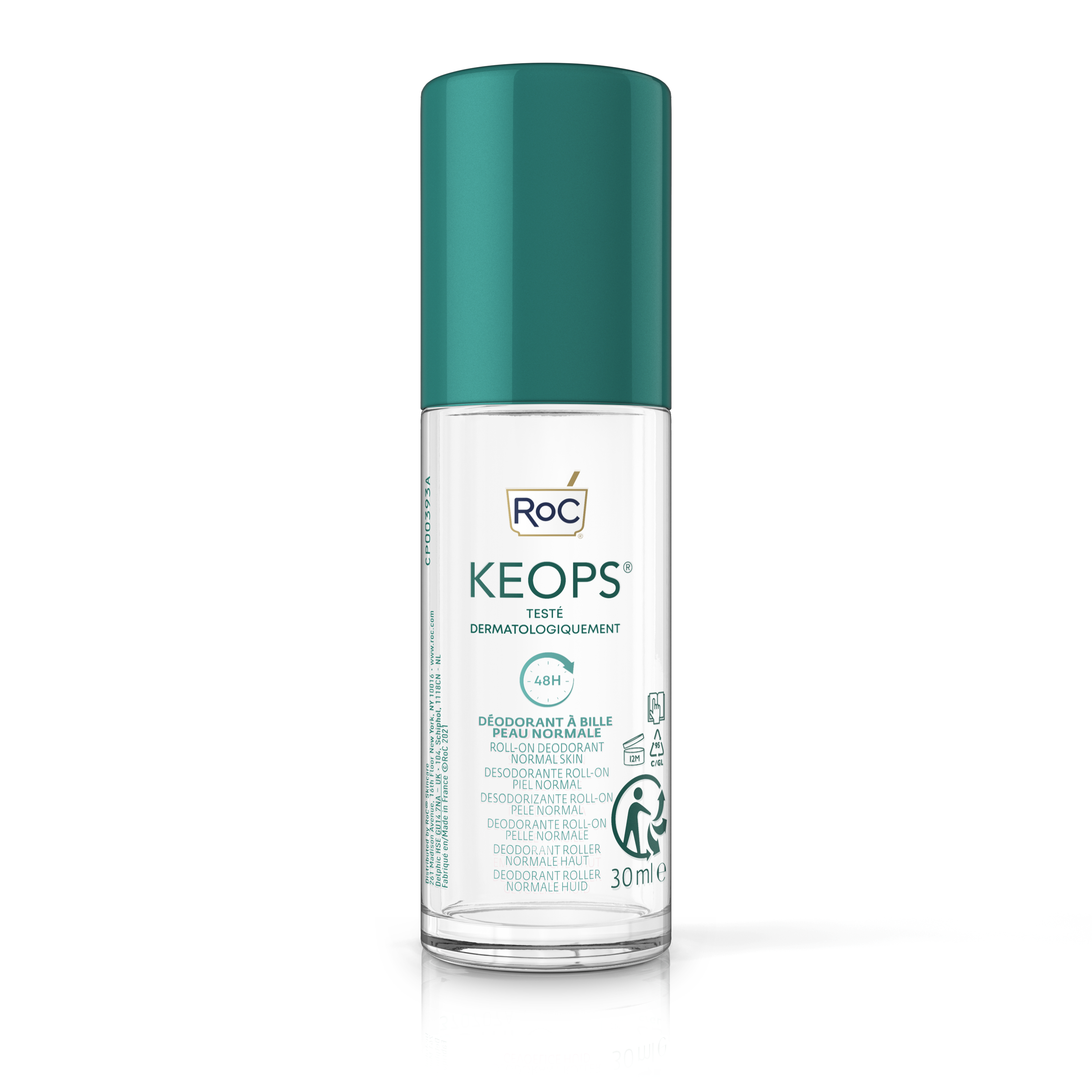 Roc Keops Roll-On Deodorant for Normal Skin – 48-Hour Odor Protection, Fragrance-Free & Gentle Formula, 30ml