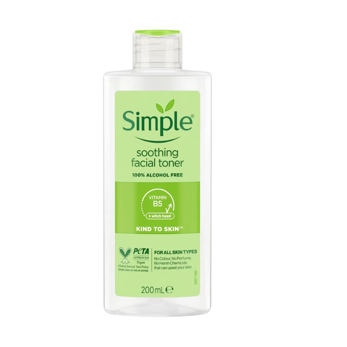 Simple Kind to Skin Soothing Vegan, Gentle, pH-Balancing Facial Toner for Sensitive Skin 200ml