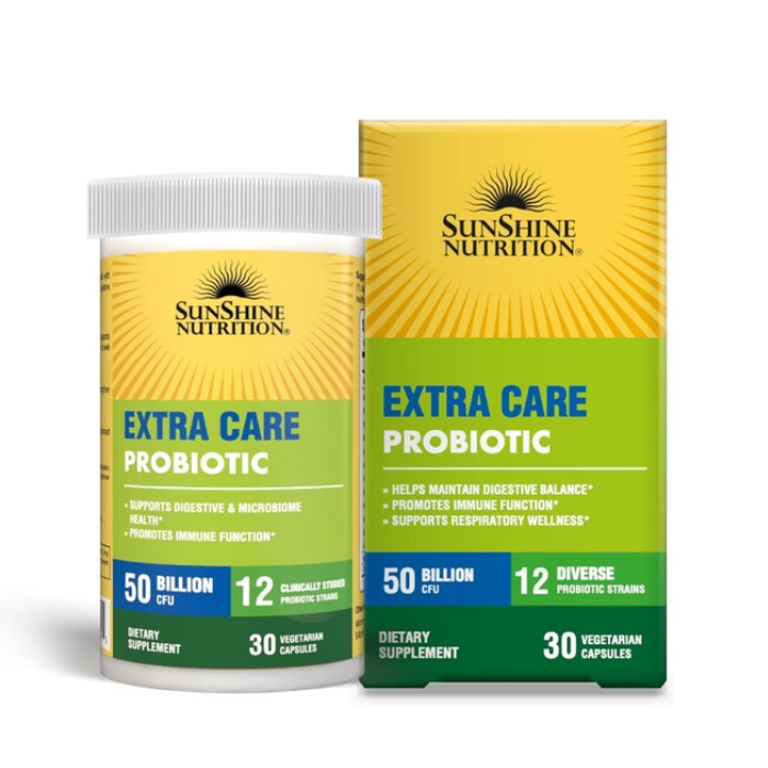 Sunshine Nutrition Extra Care Probiotic 50 Billion, Advanced Digestive and Immune Support, 30 V-Capsules