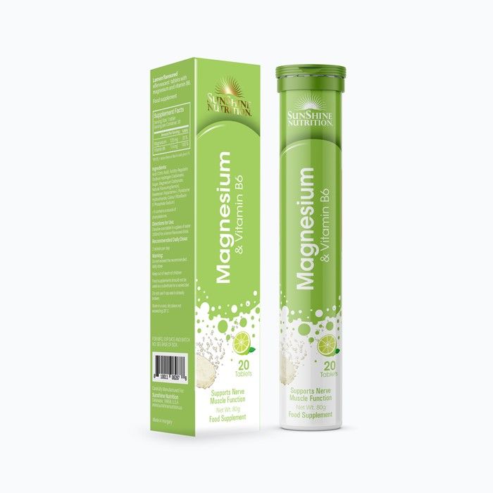 Sunshine Nutrition Magnesium + Vitamin B6 Effervescent Tablets Lemon Flavor, Stress and Bone Health Support, 20’s