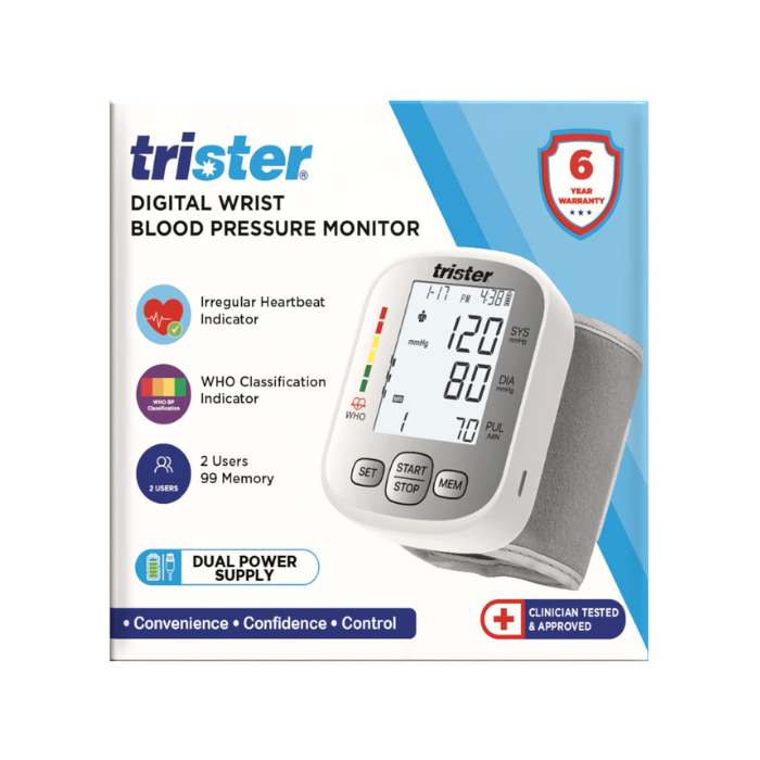 Trister Digital Wrist Blood Pressure Monitor, Dual Power, Irregular Heartbeat And WHO Indicator, TS 316BPW