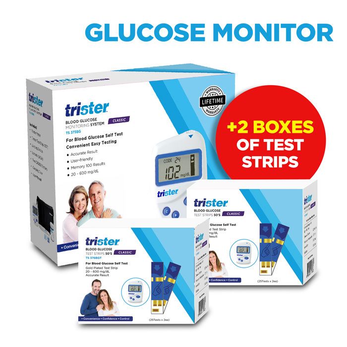 Trister Blood Glucose Meter with 2 x 50 Test Strips - Easy to Use, Fast Results in 11 Seconds