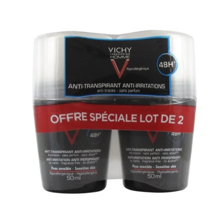 Vichy Deodorant Roll-On Extra Strength Men 50ml, 48H Sweat and Odor Control, Pack of 2